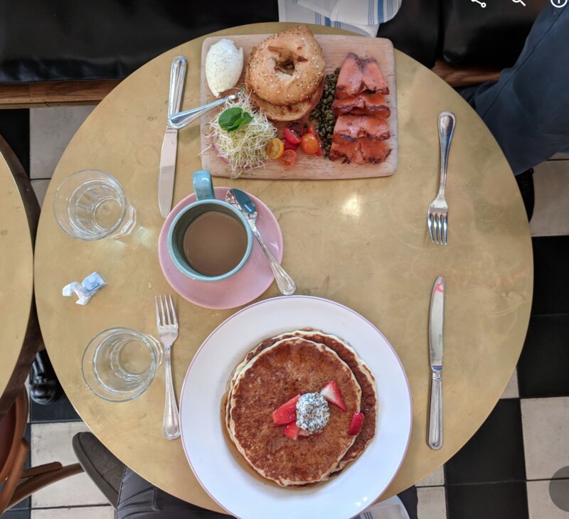 salmon board and pancakes